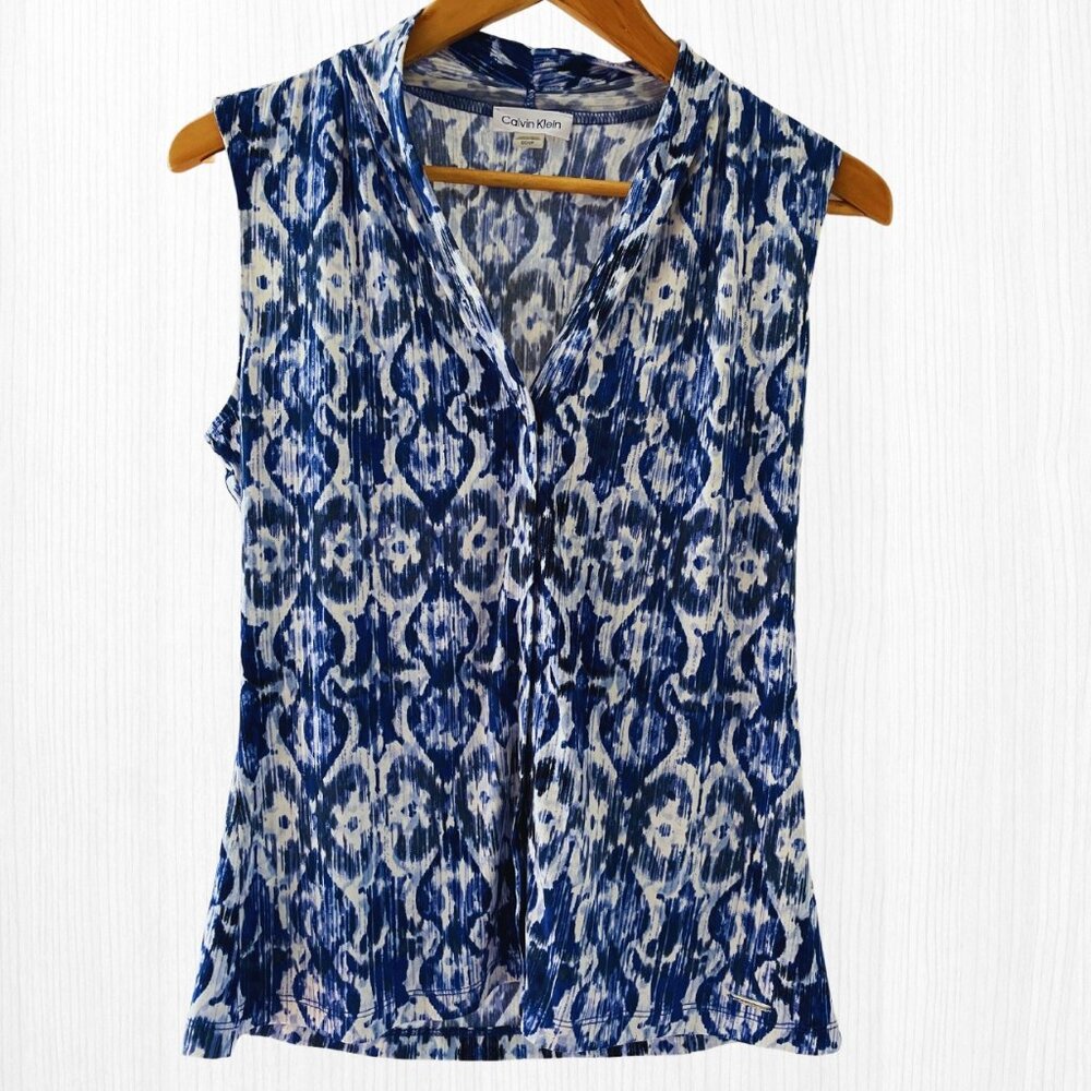 Calvin Klein Multi Blue Geometric Print V-Neck Sleeveless Top SMALL